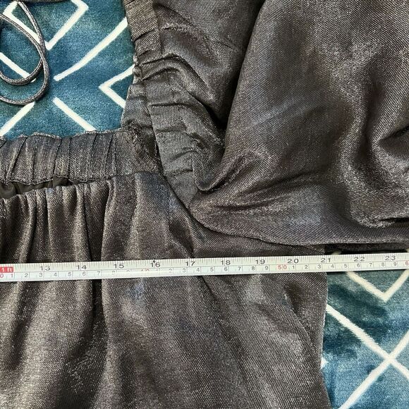 Free People Mara Dark Grey Metallic Puff Sleeve Shift Dress Oversized Size Large - Picture 9 of 10